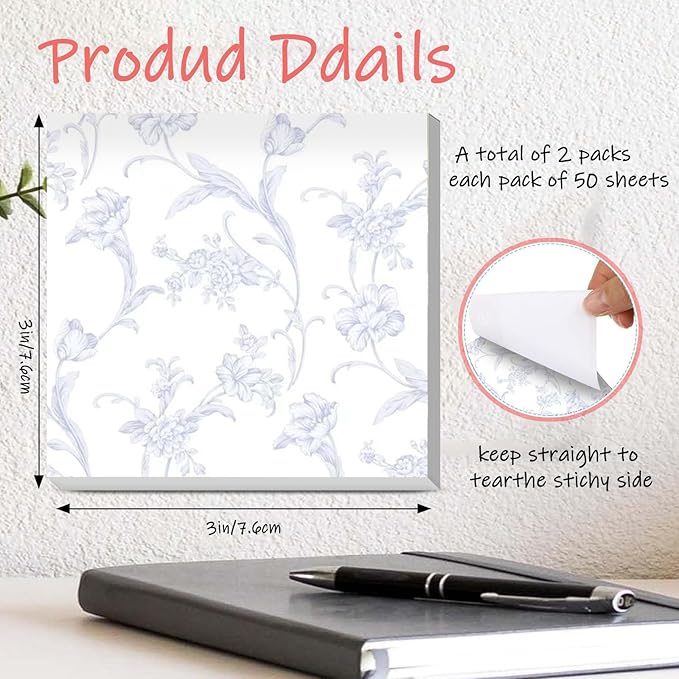 Sticky Notes 3x3 Inches, 2 Pads Cute Colorful Self-Stick Note Pads, Easy to Post for Home, Office and Daily Life Organization Blue and White Floral