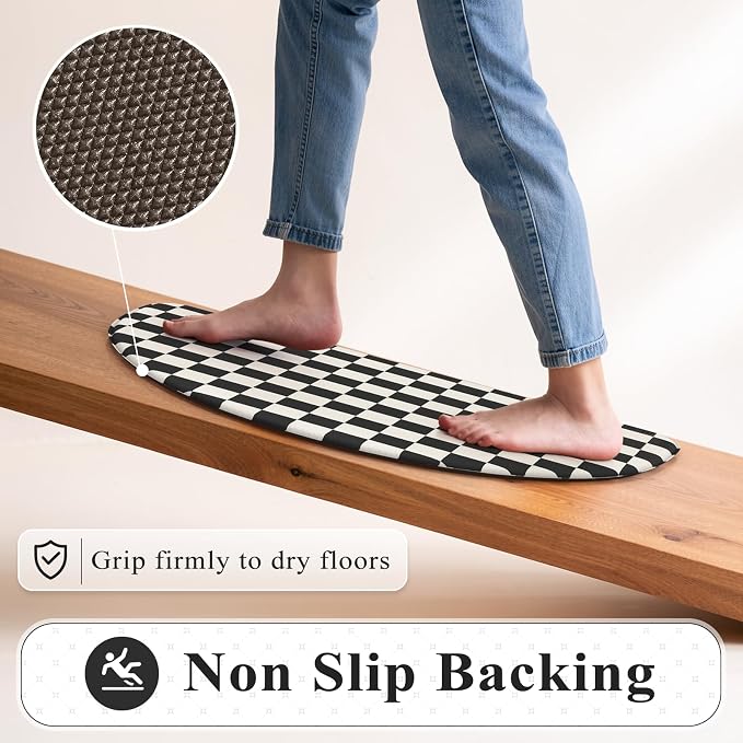 KIMODE Anti Fatigue Kitchen Mats for Floor,18"x 28" Farmhouse Kitchen Decor | Paded Kitchen Floor Mat, Memory Foam Standing Desk Mat, Half Round Bathroom Rug for Sink, Black Plaid Laundry Room Rug Dorm