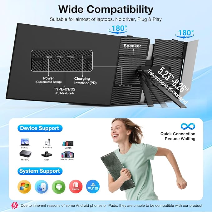 Laptop Screen Extender, Ultra-Thin 15.6" FHD 1200P 16:10 Portable Monitor for Laptop, Lightweight Travel Monitor Extender Plug & Play for 14.2"-17.3" Laptops, Compatible with Wins/Mac/Android/Chrome