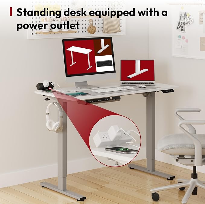 SANODESK Electric Standing Desk with Desk Clamp Power Strip 40"x 24" Whole-Piece Desktop Height Adjustable Stand Up Desk with Cable Management Sit Stand Home Office Desk White Frame/White Top