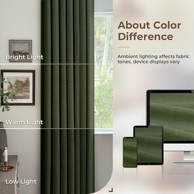 INOVADAY 100% Blackout Curtains for Bedroom, Olive Green Black Out Curtains 102 Inch Long, Clip Rings Linen Blackout Drapes, Thermal Insulated Room Darkening for Living Room, 2 Panels - W50xL102