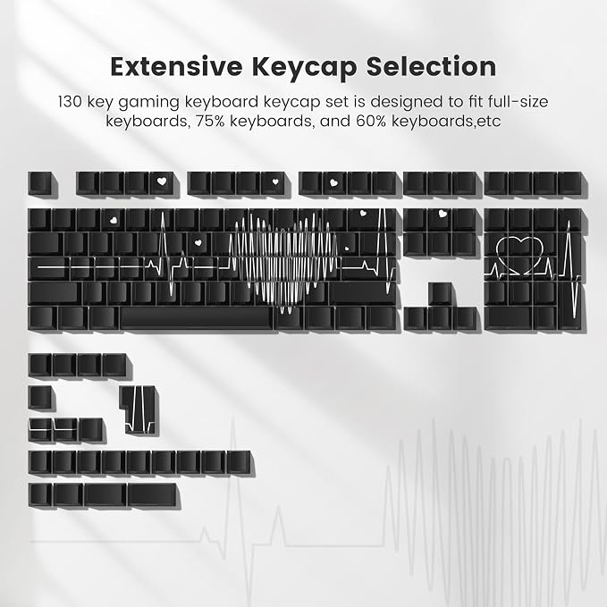 Cherry Profile Custom Keycaps, Heart Design PBT Keycap Set with Dye Sublimation, Side Printed Key Caps Suitable for Cherry Gateron MX Switches Mechanical Keyboard & 130 pcs - Black