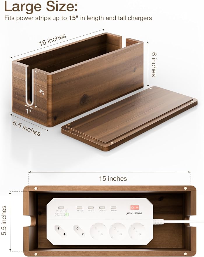 TIDITA 16" L Wooden Large Cable Management Box Round Edge (Walnut Color) | 2 Cable Entry Slots, Magnetic Lid, Non-Skid Pads, Solid Acacia Wood, Wooden Power Strip Box, Surge Protector Box