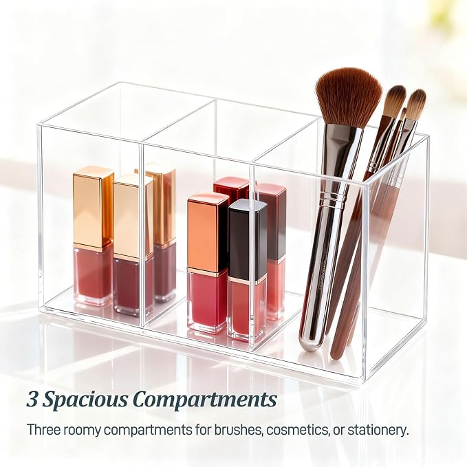 Clear Acrylic 3-Section Pen Organizer Caddy, Desktop Storage Holder for Office Supplies, Utensils, Makeup, and Home Use