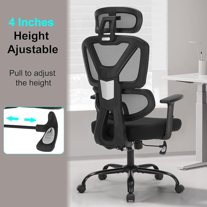 Ergonomic Office Chair Mesh HighBack Adjustable Headrest Arm Lumbar Support | Adjustable Height & Armrests, Lumbar Support Swivel Task Chair, 350LBS Executive Computer Chair for Home Office Study Meeting