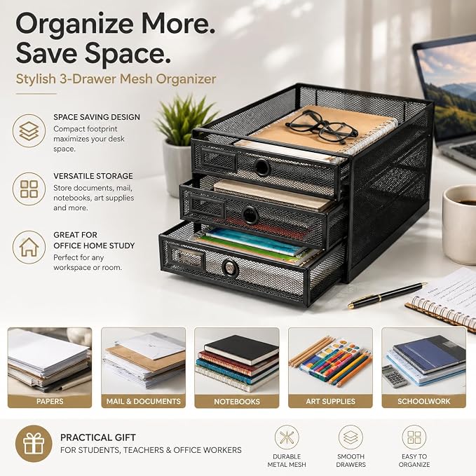 EXERZ Paper Sorter 3 Tier Drawers A4 / Multifunctional Desk Organiser/Letter Tray - Documents, Magazines, Notebooks and Letters | Pull Out Metal Mesh Drawers For A4 Documents Magazines Notebooks And Letters Space Saving Storage For Office Home Study