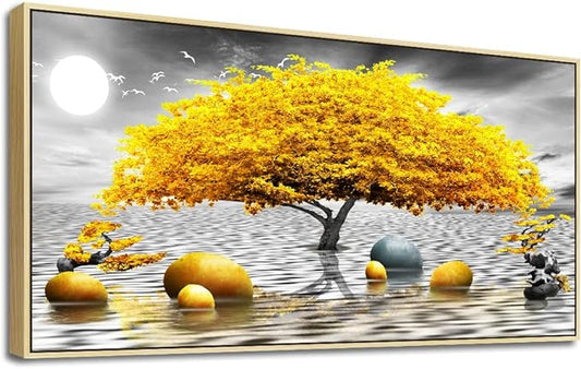 Framed Canvas Wall Art For Living Room Large size Boho Wall Decor For Bedroom Black And White Wall Pictures Yellow Tree wall Painting Office Wall Decor Home Decoration Natural Wood Framed 20" X 40"