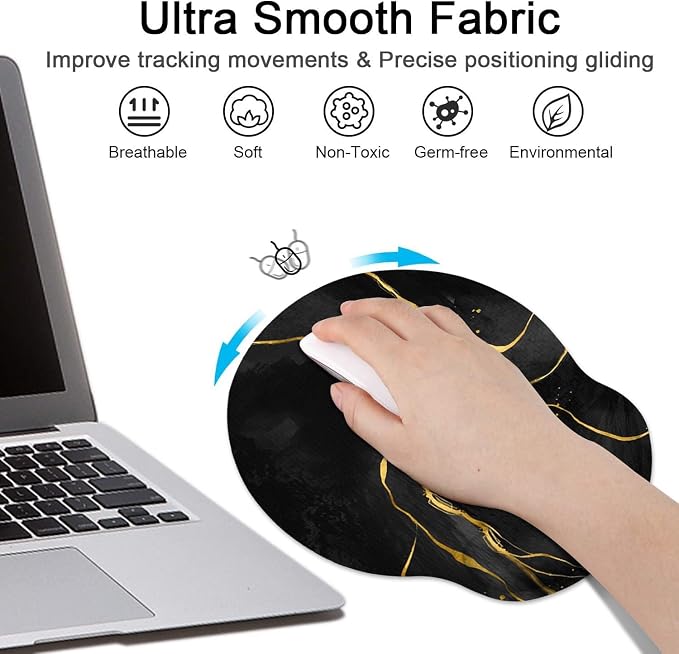 Britimes Black Gold Marble Ergonomic Mouse Pad Set with Wrist Rest Non-Slip Rubber Base Abstract Modern Wrist Cushion Support and Coasters Mousepad with Wrist Support for Computer Keyboard and Desk
