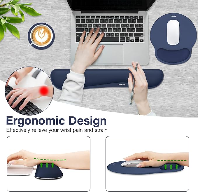 MOSISO Wrist Rest Support for Mouse Pad&Keyboard Set, Streamline Ergonomic Mousepad&Coaster Non-Slip Base Home/Office Pain Relief&Easy Typing Pad with Soft Cloth&Silicone Lining, Navy Blue