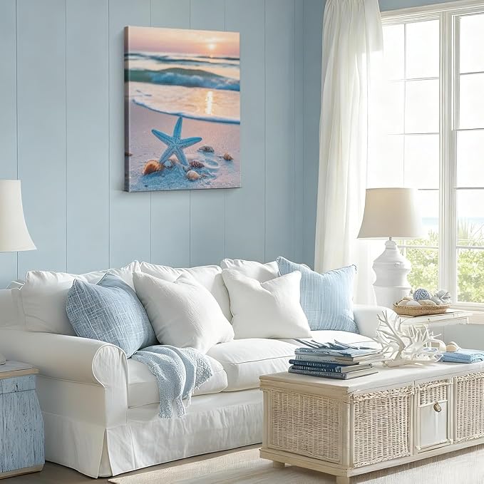 Coastal Wall Art Decor Canvas, Sunset Starfish Beach Print, Blue Beach Bathroom Wall Art for Home Bedroom Living Room Wood Framed 8x10 Inch