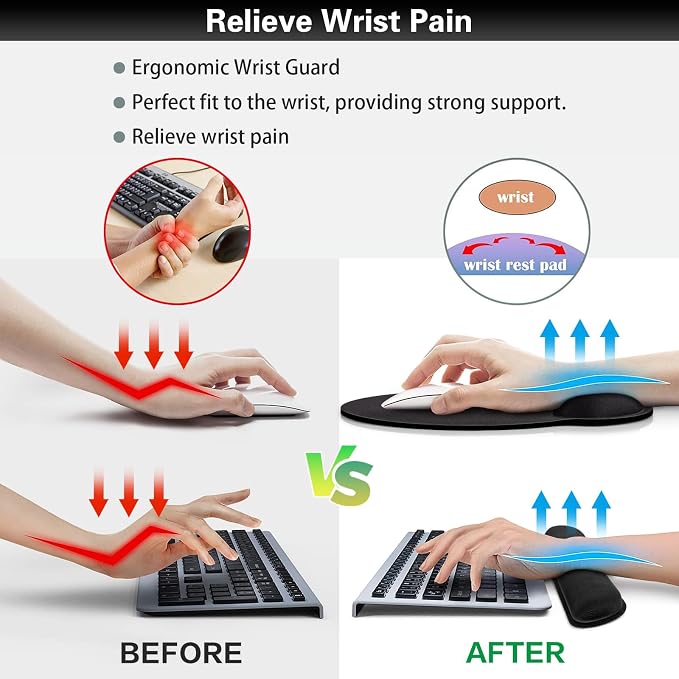 Mouse Pad Black, Ergonomic Keyboard Wrist Rest, Mouse Pad with Wrist Rest Black, Gaming Mousepad with Wrist Support, Memory Foam Wrist Rest Set for Computer Keyboard, Office Desk Accessories