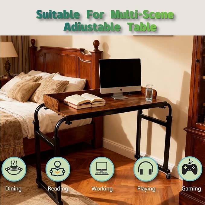 Overbed Table with Wheels and Desktop Enclosure, Height and Length Adjustable Over Bed Desk King Queen Bed Table Overbed Laptop Table (Rustic Brown)