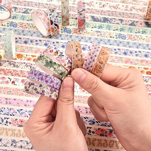 icceemee 60 Rolls Flowers Theme Washi Tape Set with Different Colorful Patterns, Writable Decorative Tapes for Scrapbooking, Junk Journal Supplies, Bullet Journaling, 0.39'' x 79'' per Roll