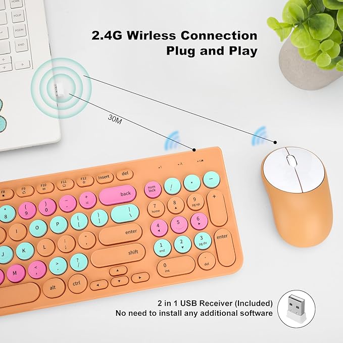 Wireless Keyboard and Mouse Combo, Retro Typewriter Keyboard with Round Keycaps, 2.4GHz USB Cute Wireless Keyboard Mouse for Computer, Desktop, Laptop and Computer (Orange Colorful)