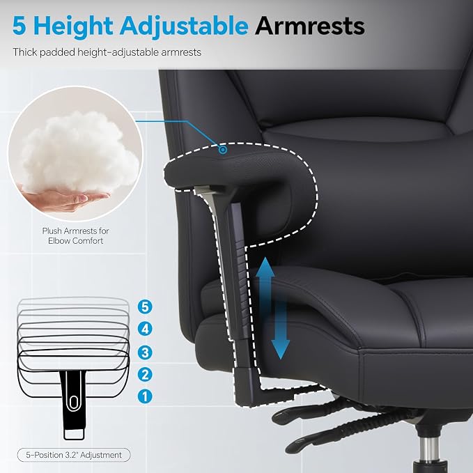 Big and Tall Office Desk Chair with 5-Position Armrests, 650 LBS Heavy Duty Executive Office Chair Comfy, Extra Wide Seat, High Back Computer Chair with Lumbar Support, Reclining Tilt Lock (Black)