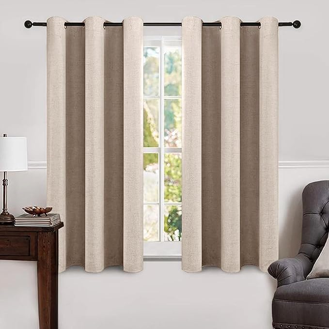 MIULEE Linen Texture Curtains Soild 100% Blackout Thermal Insulated Natural Beige Curtains Grommet Room Darkening Drapes for Living Room Bedroom 42 x 63 (2 Panels)