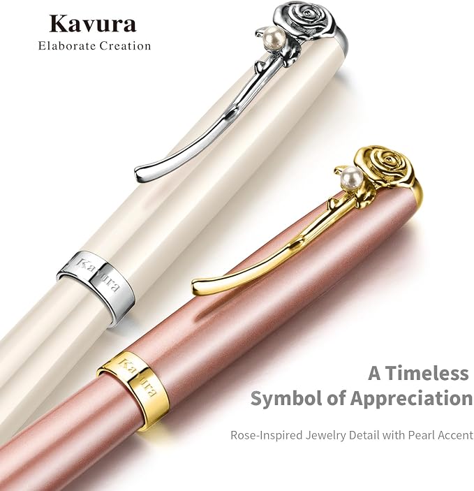 Rose & Pearl Rollerball Pen – Luxury Brass Pen Gift Set for Women, Jewelry-Inspired Design, Glossy Finish, with German Refill, Romantic Gift for Her, Anniversary & Valentine’s Day (Rose Gold)