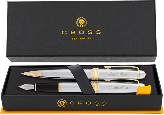 Cross Bailey Medalist Engraved Ballpoint and Fountain Pen Set, Chrome with 23K Gold Trim, Personalized Gift for Executives, Retirement, Career Advancement, Graduation, Gift Box Included