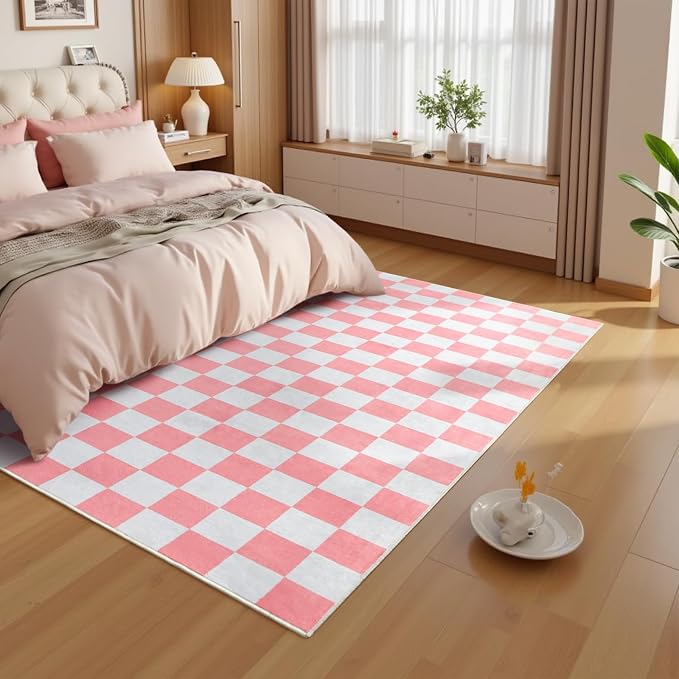 Terrug Pink and White Checkered Rug for Living Room,6x9 Area Rugs Washable with Non Slip for Bedroom,Soft Low Pile Stain Resistance Retro Carpet for Dorm Kids Room