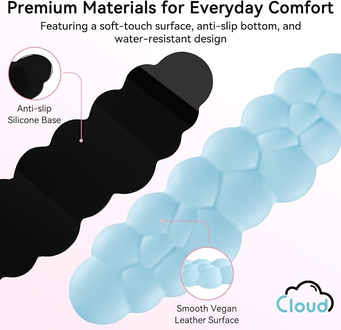Sushret Cloud Wrist Rest for Computer Keyboard, 4-in-1 Memory Foam Leather Cloud Keyboard Wrist Rest and Mouse Pad Set with Ergonomic Support for Arm and Palm Cushion, Gaming/Work Setup, Blue