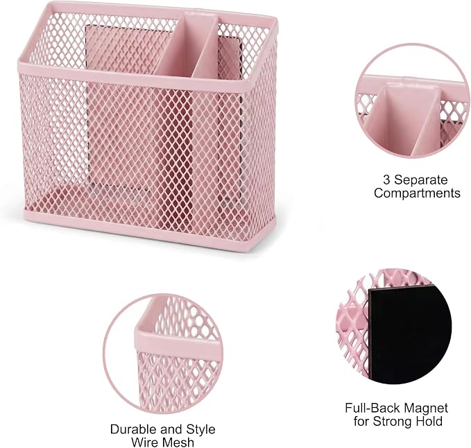 Neudeco Magnetic Pen Holder-Strong Magnet Mesh Storage Basket for Refrigerator, Kitchen, Locker-Magnetic Marker Holder on whiteboard for Dry Erase Markers for school, office, Pack 2 (Pink)