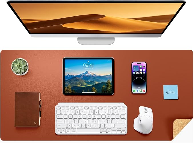 Aothia Dual-Sided Desk Mat - Leather & Cork Desk Protector, Large Mouse Pad & Writing Pad for Office/Home, Maple Brown (37.8"x17")