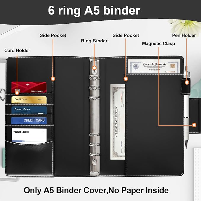 A5 Binder 6 Ring Faux Leather Refillable Notebook Binder Planner Cover Ring Binder with Magnetic Closure for A5 Paper,Photocard,Budget,Black(No Paper Inside)