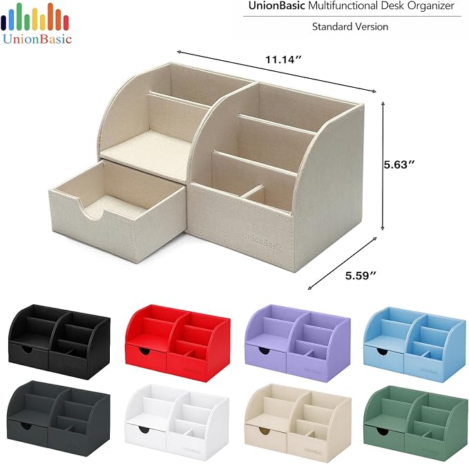 UnionBasic Desk Organizer - Multifunctional Leather Desktop Pen Holder Storage Box - Business Card/Pen/Pencil/Mobile Phone/Stationery Holder, White