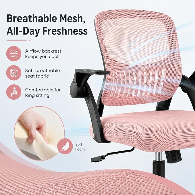 Ergonomic Office Chair, Home Office Desk Chair, Breathable Mesh Desk Chair with Adjustable Lumbar Support and Flip-up Armrests, Game Chairs, 360° Swivel Desk Chairs for Conference, Meeting Room(Pink)
