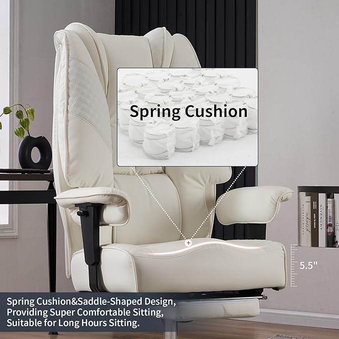 Big and Tall Office Chair 400lbs Wide Seat, Leather High Back Executive Office Chairs with Foot Rest, Ergonomic Lumbar Support for Lower Back Pain Relief (White)