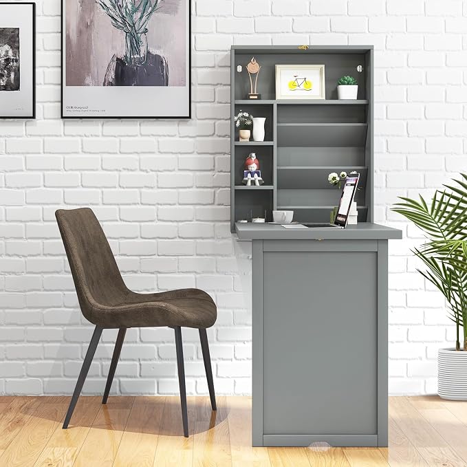 Wall Mounted Desk, Fold Out Convertible Desk with Storage Shelves, Space Saving Wall Folding Table, Home Office Floating Desks for Small Spaces (Grey)