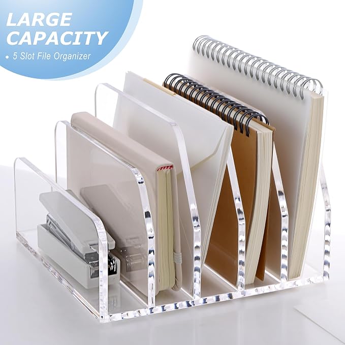 SANRUI Acrylic Bill Letter Organizer Holder for Desk, Clear 5 Compartments | Laddered Mail Sorters, Multifunction Desktop Envelope Folder Racks Document Holders for Office, Home, School