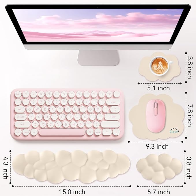 Sushret Cloud Wrist Rest for Computer Keyboard, 4-in-1 Memory Foam Leather Cloud Keyboard Wrist Rest and Mouse Pad Set with Ergonomic Support for Arm and Palm Cushion, Gaming/Work Setup, Beige