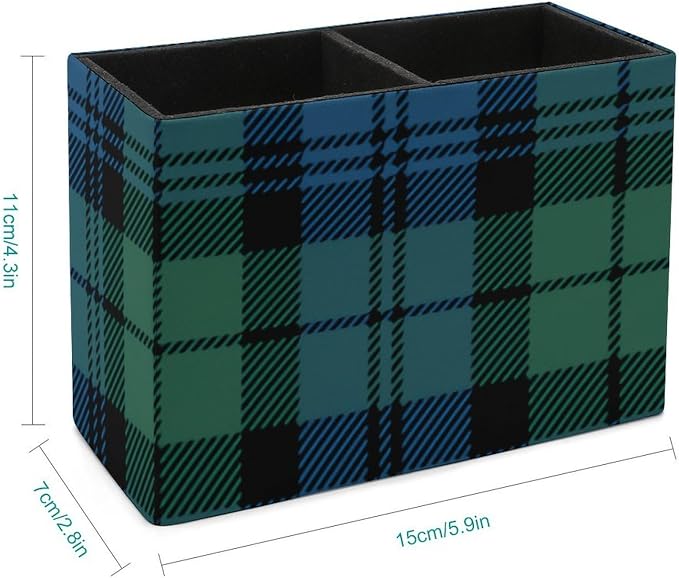 Green Blue Tartan PU Leather Pen Holder Desk Organizer, 2-Compartment Pencil Container for Office, Home, Vanity Use