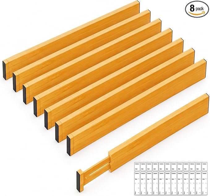 Adjustable Bamboo Drawer Dividers Expandable 8 Pack 17-22 Organizer | Kitchen, Dresser, Closet, Bathroom, Bedroom & Office Storage, Solid Moso Bamboo, Spring-Loaded, 80 Labels