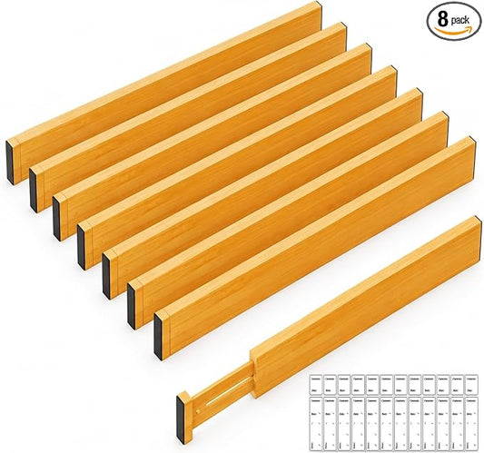 Adjustable Bamboo Drawer Dividers Expandable 8 Pack 17-22 Organizer | Kitchen, Dresser, Closet, Bathroom, Bedroom & Office Storage, Solid Moso Bamboo, Spring-Loaded, 80 Labels