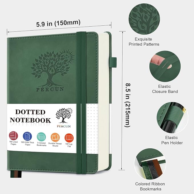 PERCUN Dotted Journal Notebook for Men & Women, 160 Pages Dot Grid notebook, A5 Hardcover Leather Bullet Journaling for Writing, Work, School, Travel, Daily Diary 5.9" x 8.5" (Green)