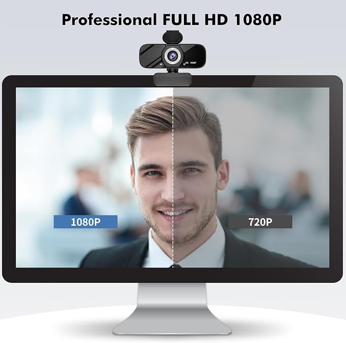 Gozvrpus USB HD Webcam with Built-in Microphone and Rotatable Tripod, 1080P Video, Wide Angle Camera, Privacy Cover, for Desktop PC or Laptop Computer - 1（Black）