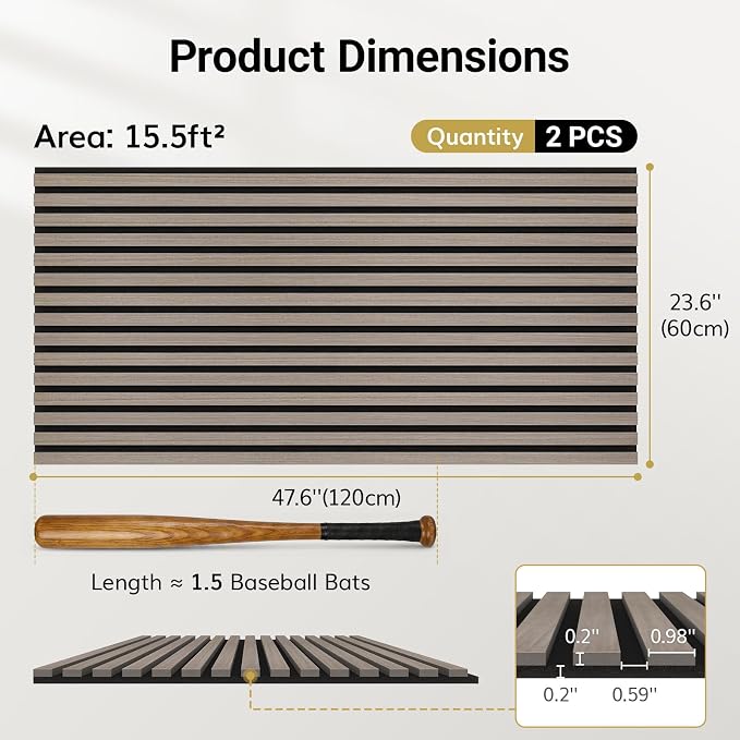 TONOR Wood Slatwall Panels, 2 Pack 47.2" x 23.6"/ 120 x60cm(15.5ft²) Acoustic Wall Panels, Wood Slat Acoustic Panels for Noise Cancelling and Wall Décor Living Room, Bedroom, Home Decor, Office, Gray