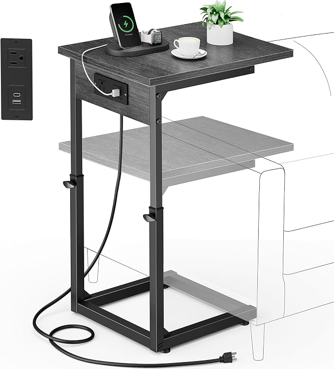 Vagusicc C Shaped End Table with Charging Station, 33" Tall Side Table for Couch, Adjustable Height C Table End Table, Couch Table Slide Under Sofa Table TV Tray Table for Living Room, Gray Walnut