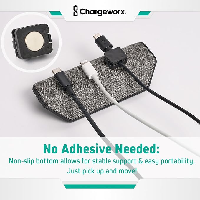 CHARGEWORX Magnetic Cable Organizer – 4 Pack - Weighted Non-Adhesive Cord Holder with 3 Magnetic Clips for USB-C, Lightning & MagSafe Cables – Desk, Office & Nightstand Cable Management
