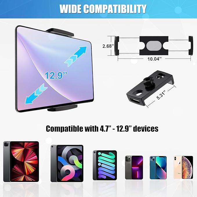 JCWINY Tablet Holder for Mic Stand, Adjustable iPad Mic Stand Mount, Tablet Holder with Clamp Mount for Pole Desk Kitchen Cabinet, Compatible with 4.7 to 12.9" iPad, iPhone, Android Smartphones