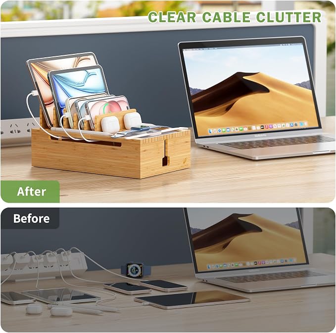 Pezin&Hulin Charging Station for Multiple Devices with 10 Port HUB, 6 Cable | USB Charger Dock Organizer , Cable Management Organizer for Cell Phones, Tablets - Bamboo, Natural Color