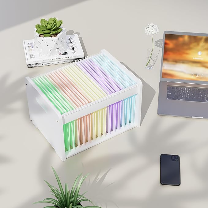 Bamboo Hanging File Organizer, Desk File Box, Open Top, 1 Pack, White | Open-Top Access, 2 Hanging Folders Included, Letter & Legal Files, Sliding Rails, Reinforced Handles, Easy Assembly
