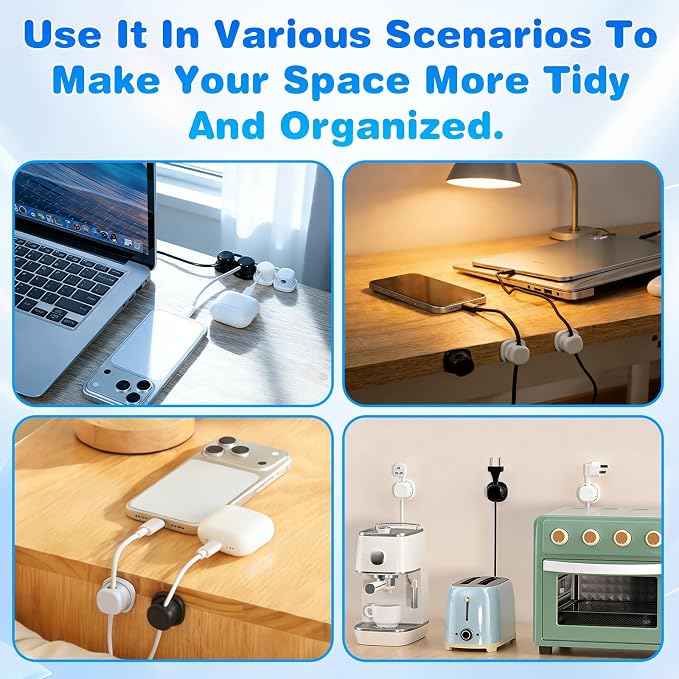 6 Pack Magnetic Cord Organizer Holder,Upgrade Cord Holder for Nightstand, Strong Adhesive Desk Cable Management Magnetic Easy Open for Home,Office,Car,Desk,Nightstand (White)