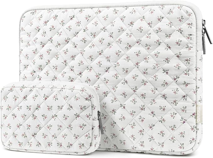 MOSISO Laptop Case 13.3 inch, 13-13.3 inch Puffy Laptop Sleeve Bag Compatible with MacBook Neo/Air 13.6/Pro 13/Pro 14, HP Dell ASUS Lenovo, Charming Floral Square Quilted Carrying Bag&Small Case, Pink