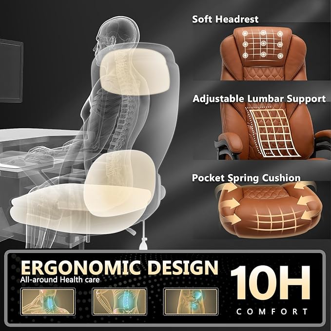 600lbs Big and Tall Office Chair with Pocket Spring Cushion, Heavy Duty Office Chair for Low Back Pain Relief, Large Executive Office Chair (Classic, Brown)