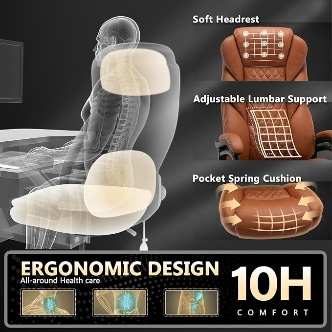 600lbs Big and Tall Office Chair with Pocket Spring Cushion, Heavy Duty Office Chair for Low Back Pain Relief, Large Executive Office Chair (Classic, Yellow)