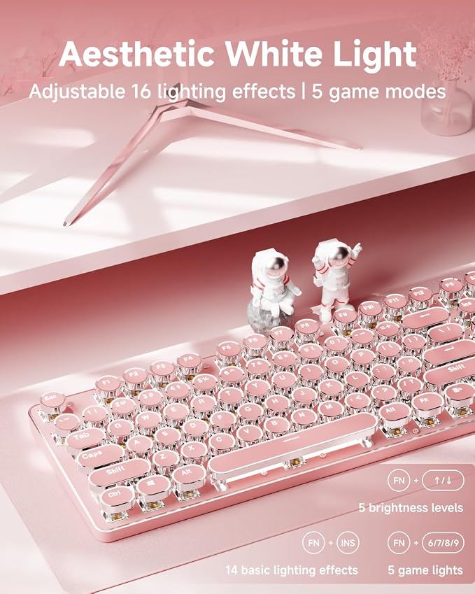 TK950 Typewriter Wireless Mechanical Keyboard, Aesthetic Tri-Mode Bluetooth/2.4G/Wired Retro Punk Typewriter Keyboard with White Backlit, Blue Switch, Round Keycaps for Laptop/Mac/iPad/Win, Pink