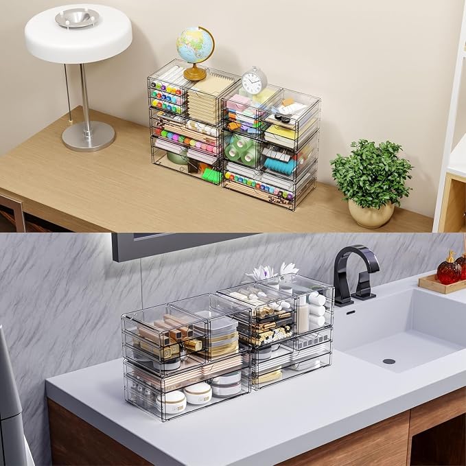 3Pack Clear Drawer Organizers Stackable,Acrylic Storage Drawers With 10 Drawers,Multipurpose Office Supply Organizer and Makeup Organizer for Beauty,Craft,Pen,Medical,Stationary Desk Organizers